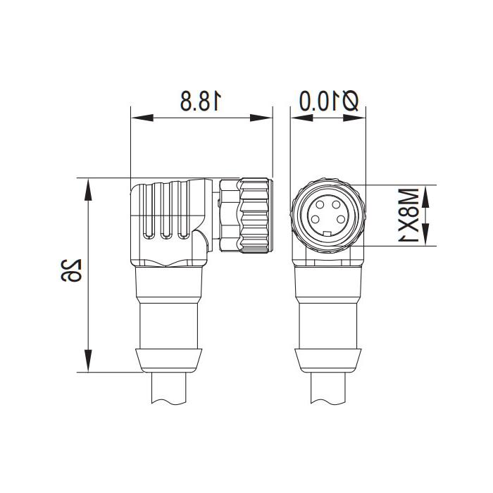 M8 4Pin, female 90°, single-end precast PVC non-flexible cable, grey sheathing, 63S143-XXX